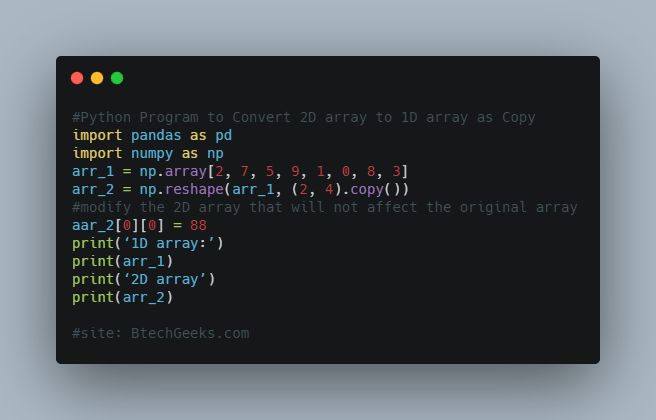 Python Program to Convert 2D array to 1D array as Copy
