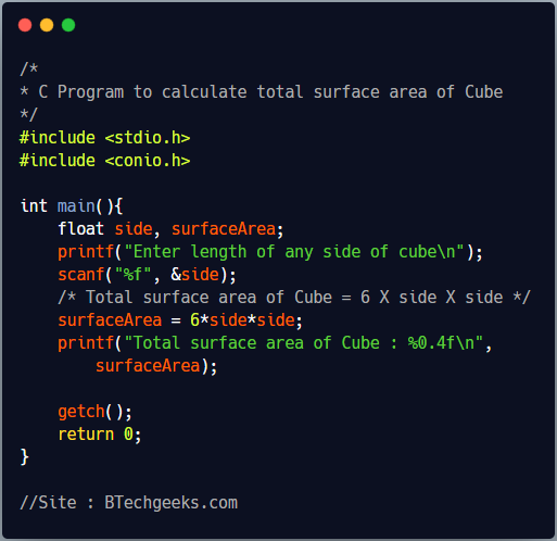 C Program to Calculate Volume and Total Surface Area of Cube