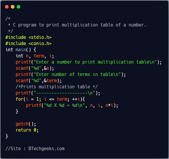 C Program to Print Multiplication Table of a Number