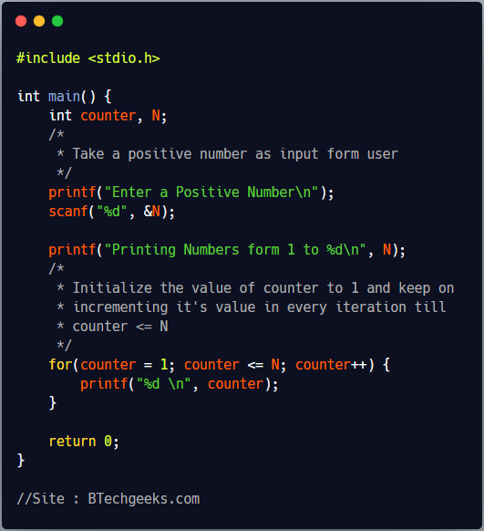 C Program to Print Natural Numbers from 1 to N using For, While and Do While Loop