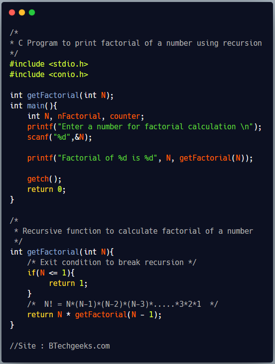 C Program to find factorial of a number using recursion 1