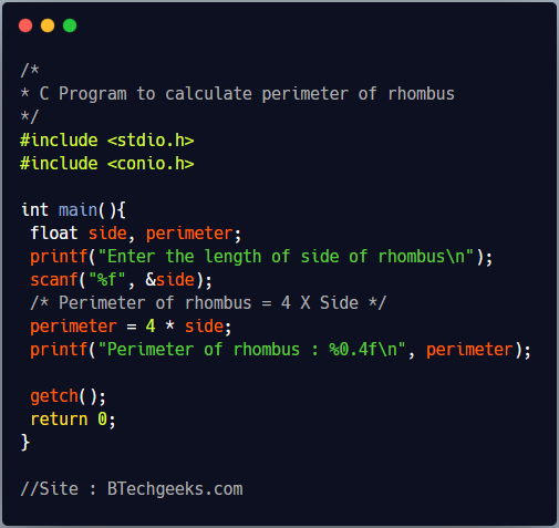 C Program to find the perimeter of rhombus