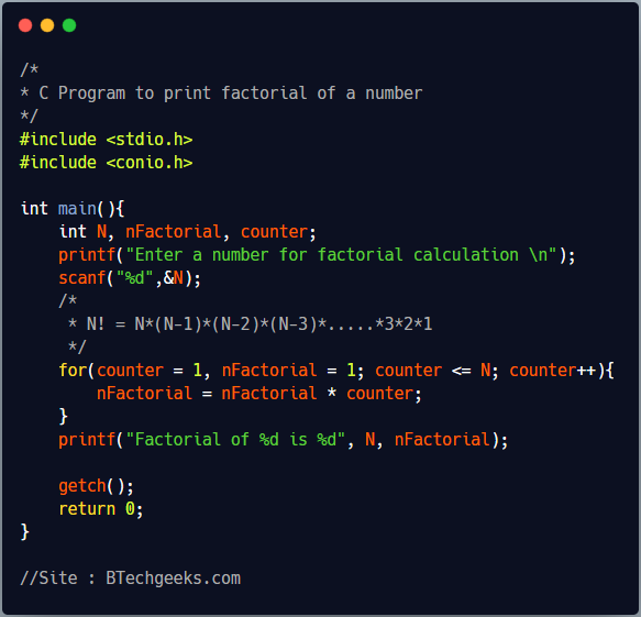 C program to calculate factorial of a number using loop 1