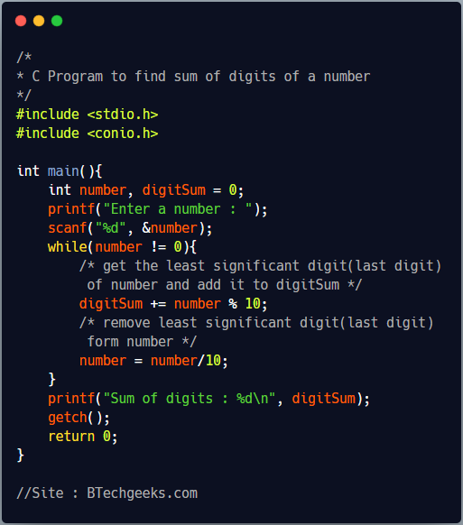 C program to calculate sum of digits of a number using loop