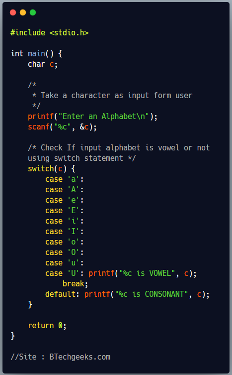 C program to check whether a character is vowel or consonant using switch statement