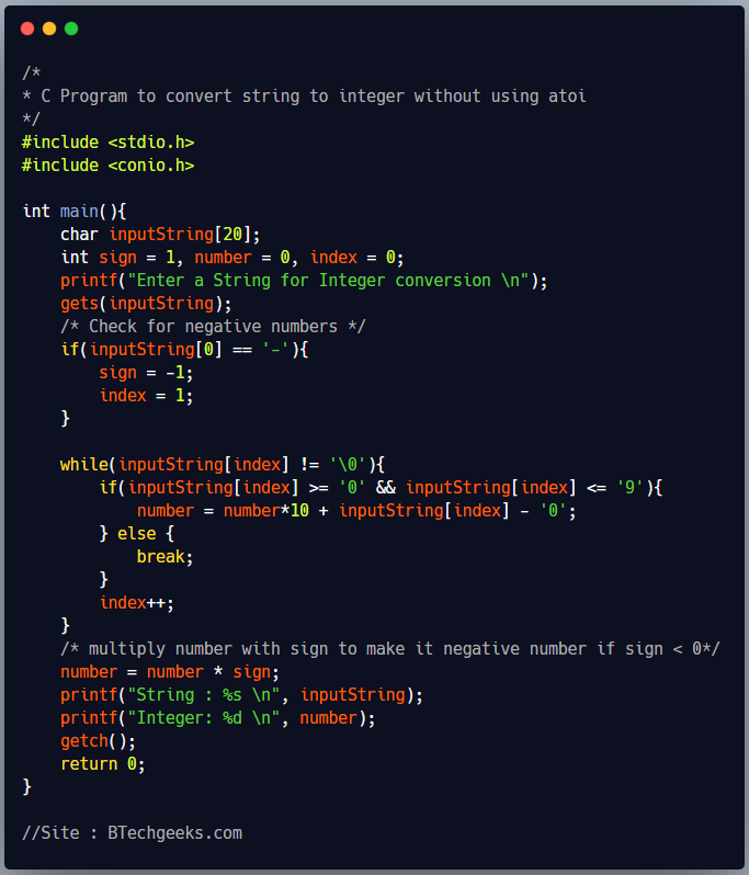 C program to convert a string to integer without using atoi function