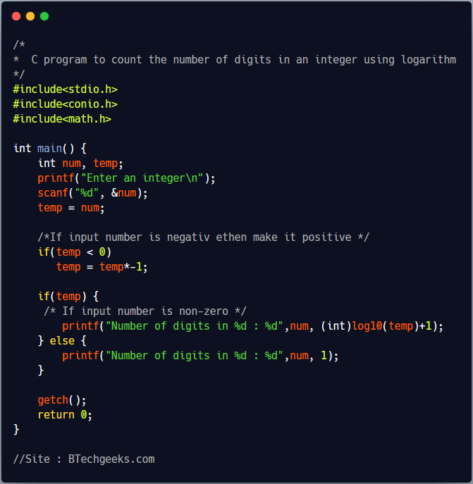 C program to count the number of digits in a number using logarithm