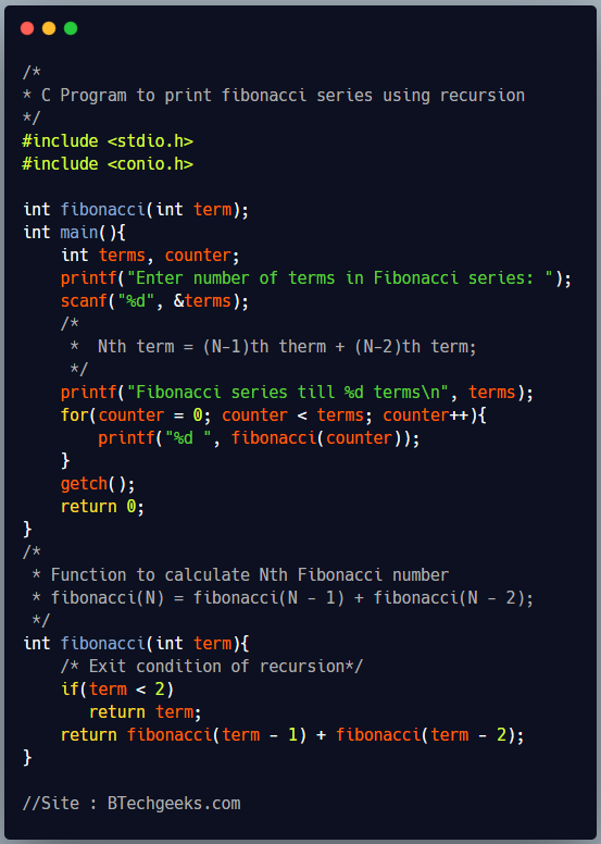 C program to print fibonacci series till Nth term using recursion