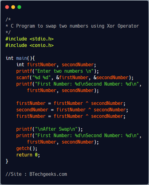 C program to swap two numbers using bitwise XOR operator