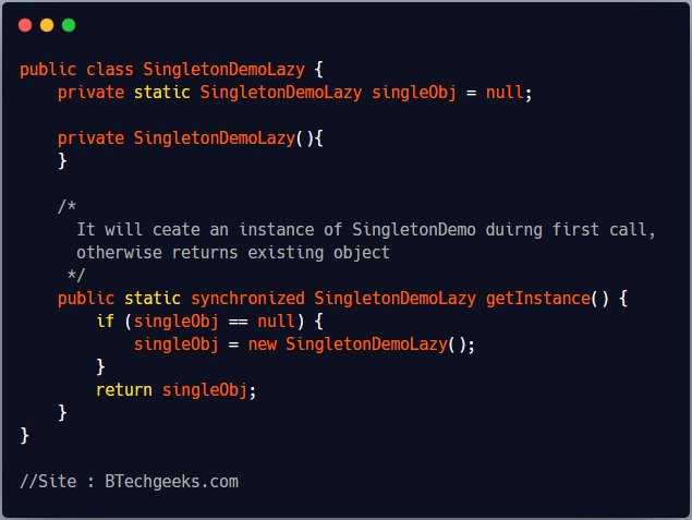 Singleton pattern program in Java using Lazy Initialization