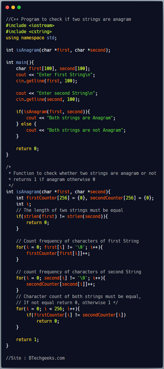 C++ Program to Check Strings are Anagram or Not