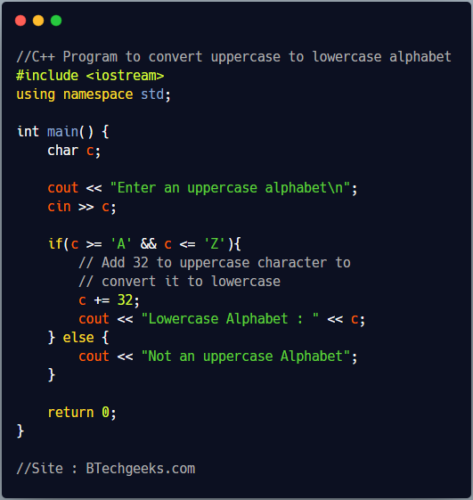 C++ Program to Convert Uppercase alphabet to Lowercase 1