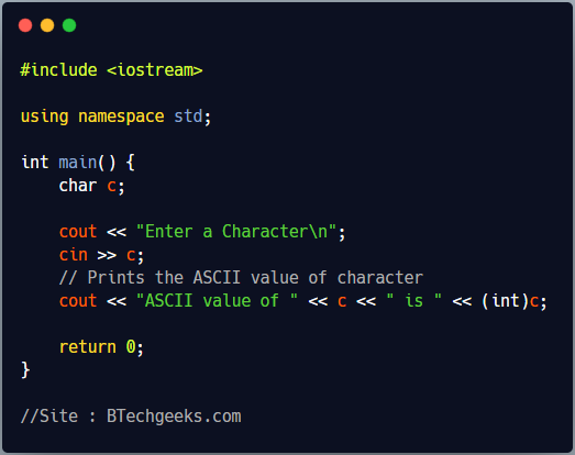 C++ Program to print ASCII value of a character