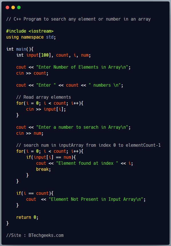 C++ program for linear search in array