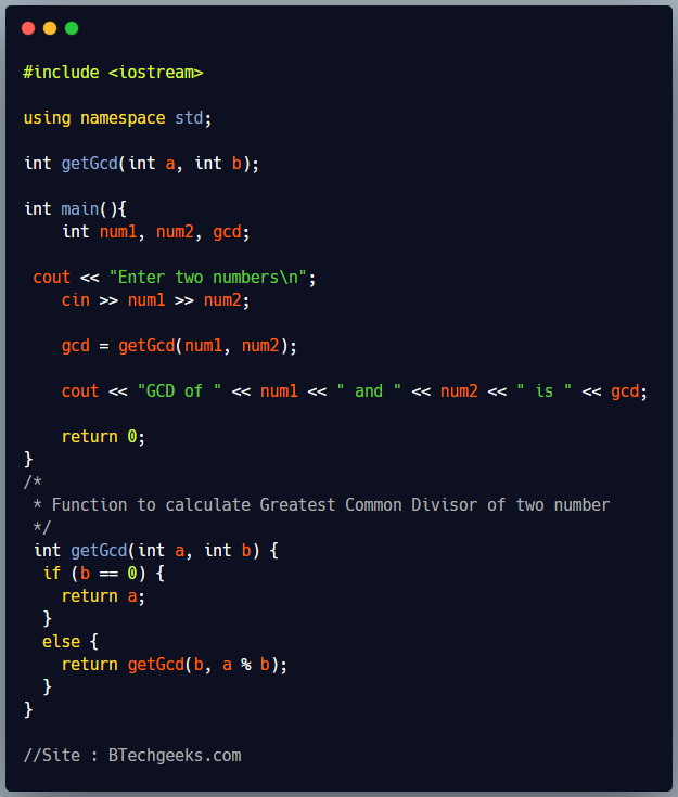C++ program to calculate GCD using recursion