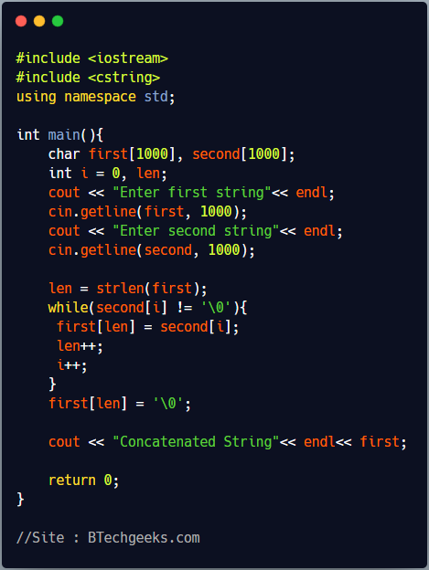 C++ program to concatenate two strings