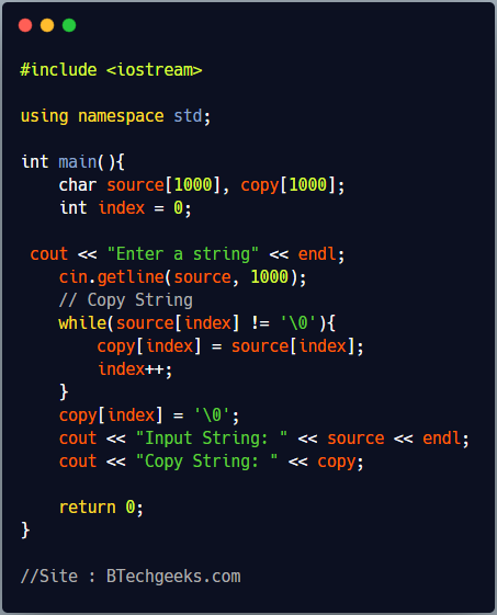 C++ program to copy string without using strcpy