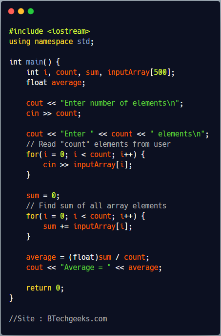 C++ program to find average of numbers using arrays
