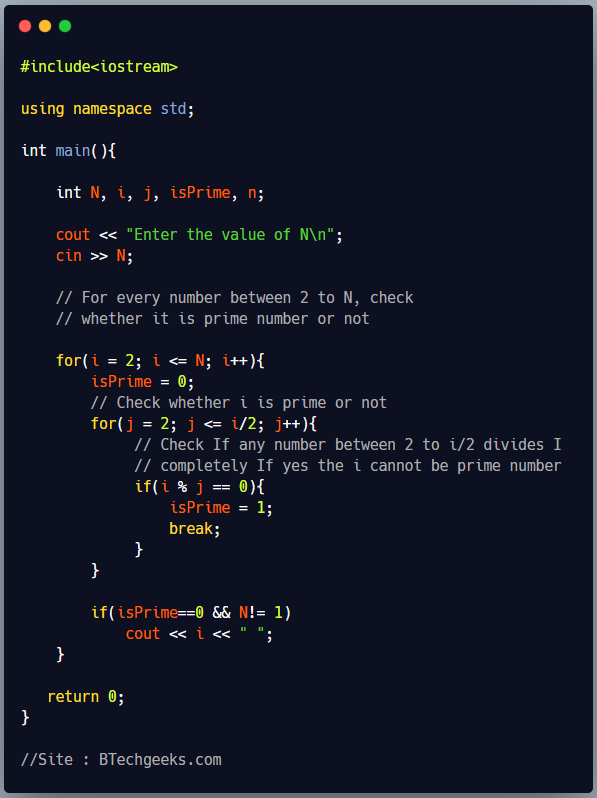 C++ program to print all prime numbers between 1 to N