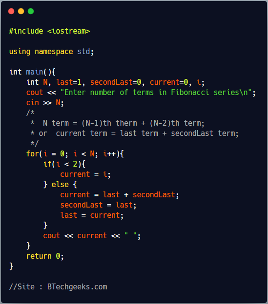 C++ program to print fibonacci series using loop