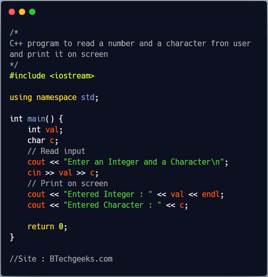 C++ program to read and print an integer and character