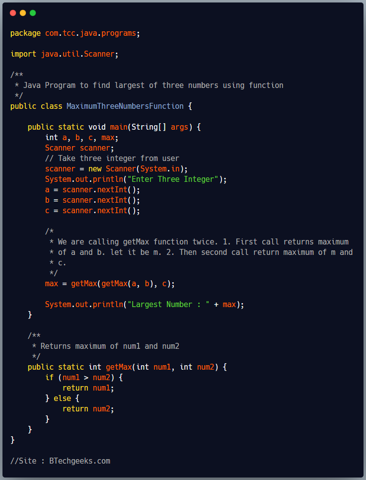 Java Program to find maximum of three numbers using method