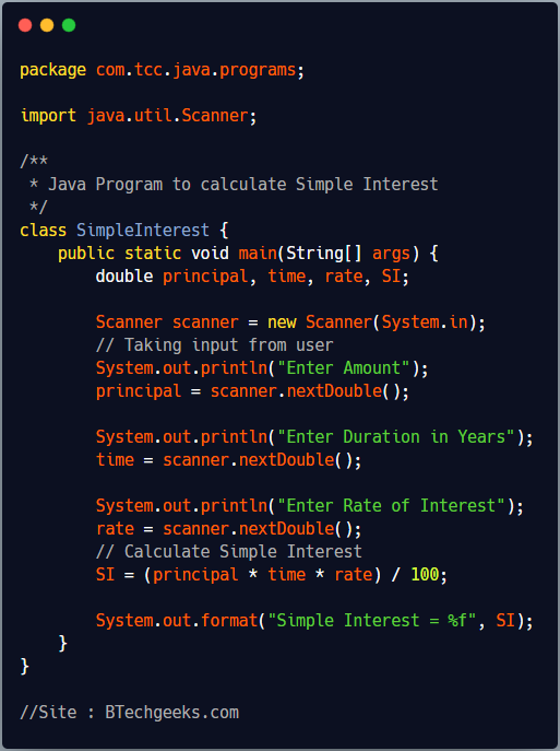 Java program to calculate simple interest