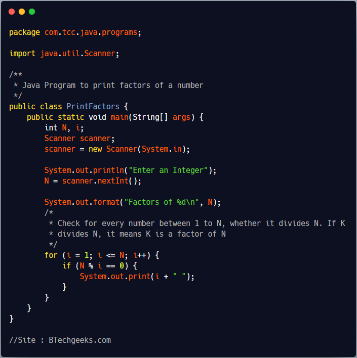 Java program to print all factors of a number using loop